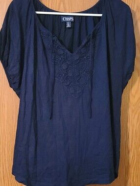 Chaps Navy Blue Embroidered V-Neck Top